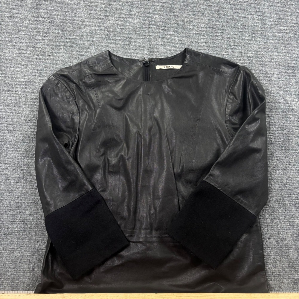 J Brand Leather Top XSmall Black Lambskin Wool Contrast 3/4 Sleeve Blouse Womens